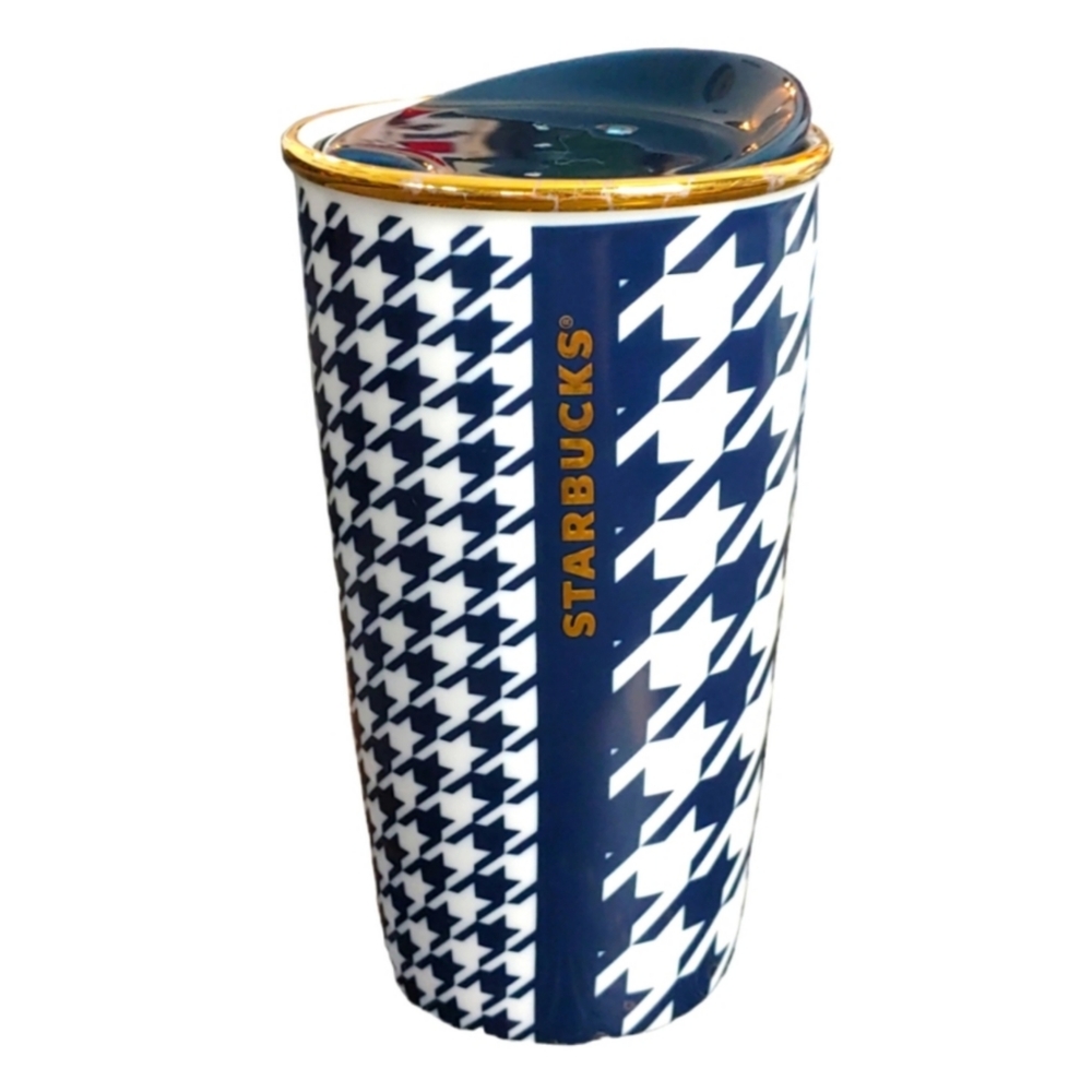 Starbucks Ceramic Navy Blue White Houndstooth Design with Gold Rim Travel Mug